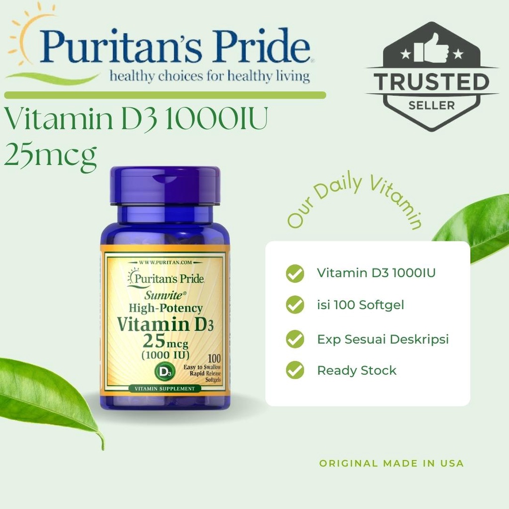 Puritan Pride Vitamin D3 1000IU (25mcg) isi 100 & 200 / 2000IU (50mcg) isi100 & 200 / 5000IU (125mcg