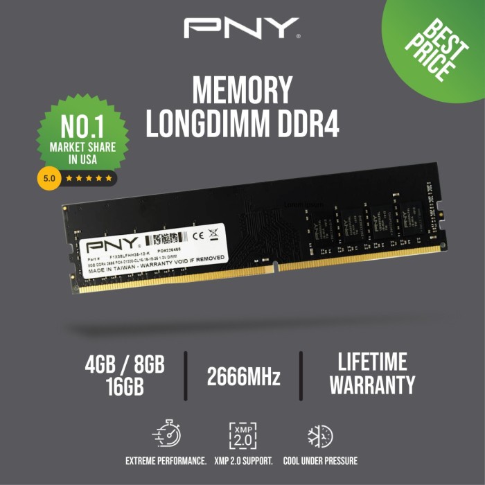 Memory Ram Pny Longdimm 4Gb/8Gb/16Gb Ddr4 2666 Mhz Pc 21300