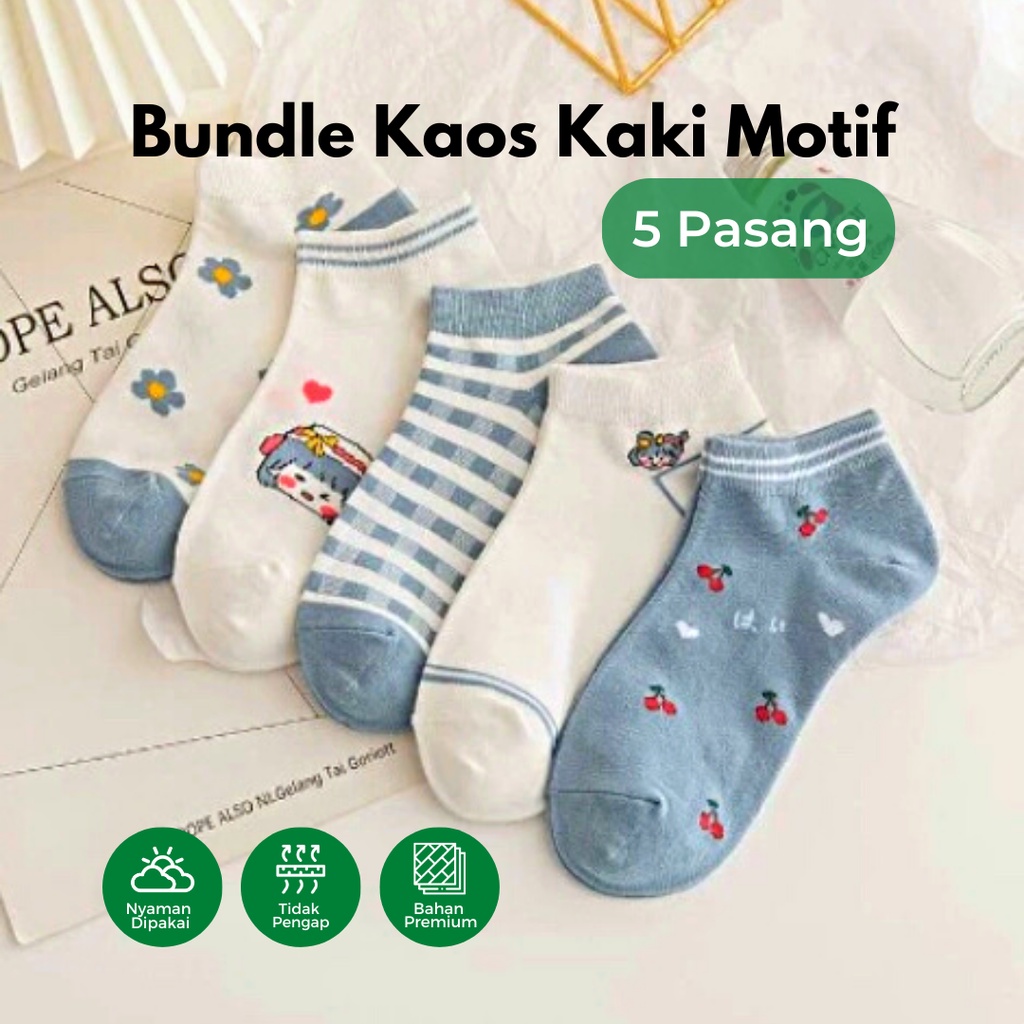 Bundle Kaos Kaki Socks Ankle 5 Pasang Nyaman Motif