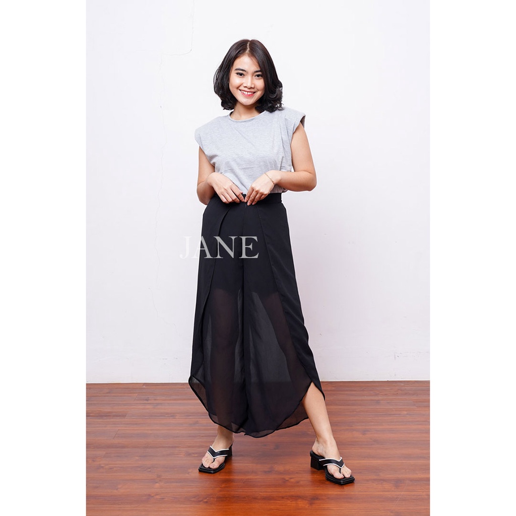 JANE COLLECTION || Celana Panjang Wanita Hitam Bawahan Wanita Bigsize See Through Pants Jumbo Celana Pantai Side Slit Pants Escarpat Pants