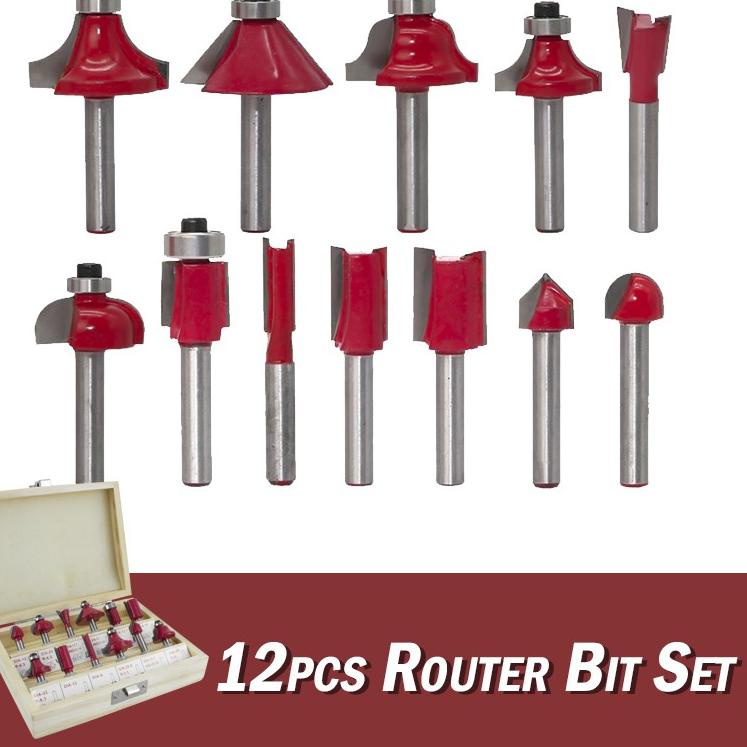 ✿ Suksestech Router Bit Set 12 Pcs Mata Mesin Profil  1/4 Box Kayu Lengkap  ➷