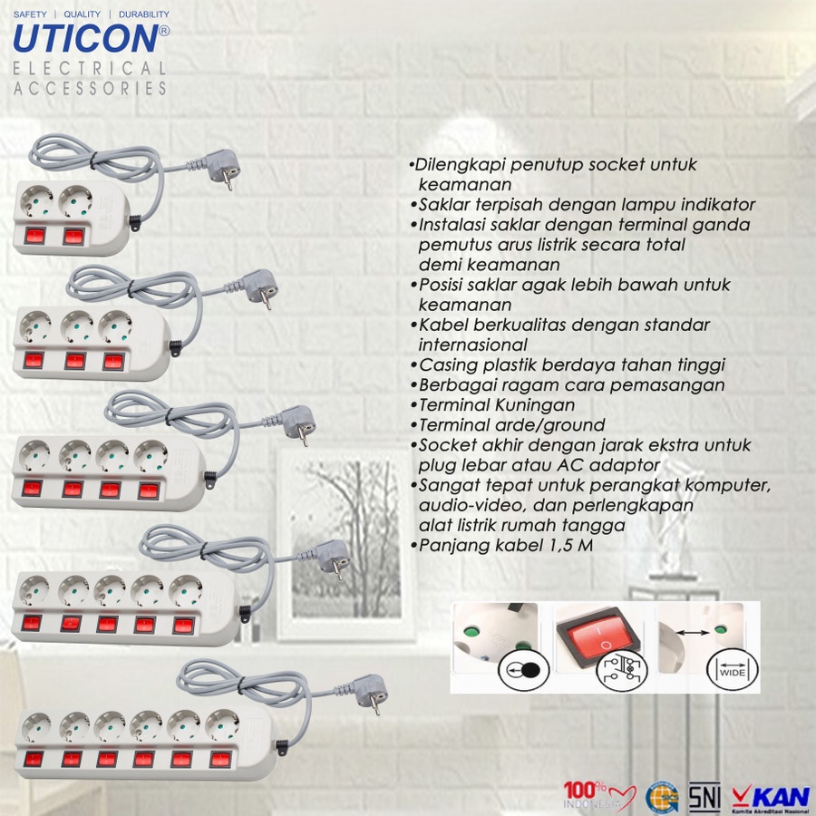 Stop Kontak Arde 2/3/4/5/6 Lubang Uticon + Saklar Tersendiri + Kabel