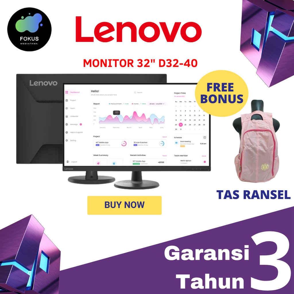 Monitor LED Lenovo D32-40 32&quot; 1080p HDMI DP sRGB 99% Audio Out 3.5mm