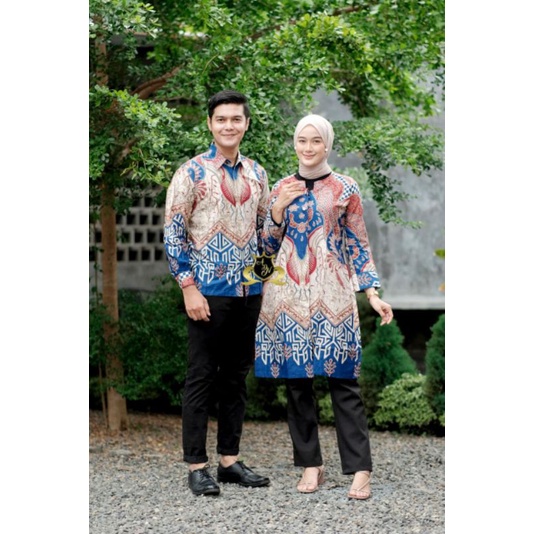 New Couple Batik Tunik Ghania Biru Atasan Wanita Dress Wanita Modern Baju Kerja Kemeja Pria Batik Mo