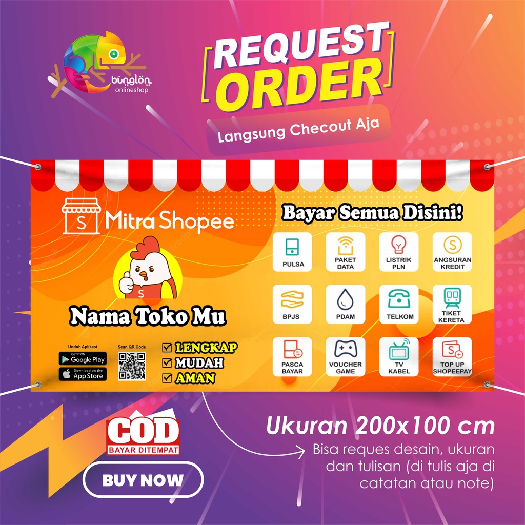 Size 200x100 Cm, Spanduk Banner Mitra Shopee Murah Berkualitas