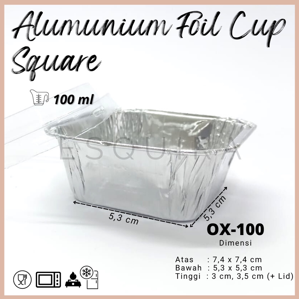 Aluminium Foil Cup Square 100 ML / Silver + Lid / 10 PCS / OX-100