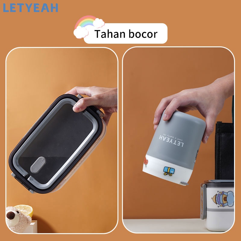 letyeah Lunch box 2 susun dengan DIY stiker/ Kotak makan 1600ml dan mangkuk sup 500ml set Portable