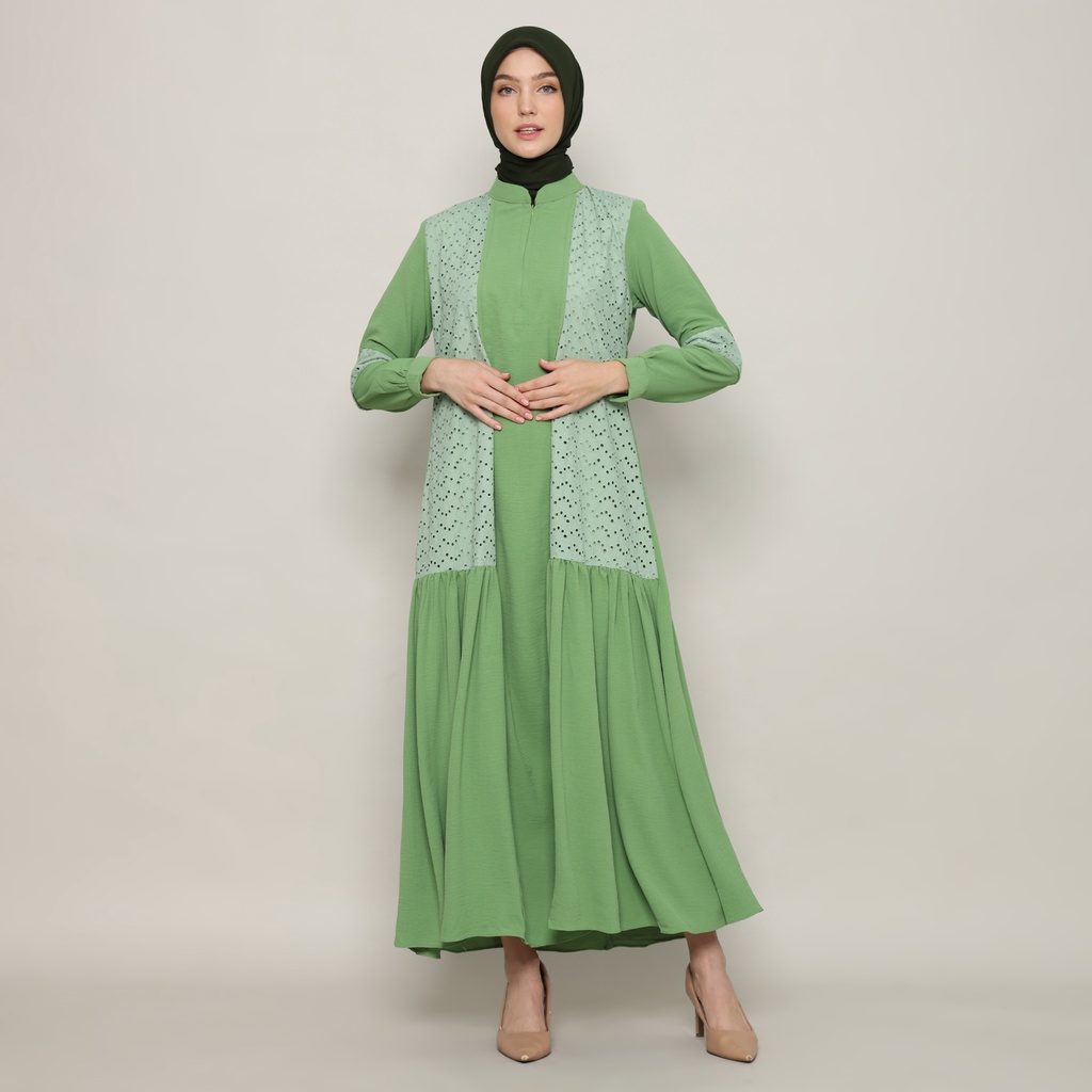 Gamis Wanita Kerah Tinggi Warna Sage Green