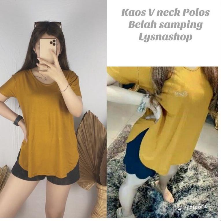 HOT SALE ATASAN KAOS POLOS BELAH SAMPING V NECK BAHAN SPANDEX RAYON / ATASAN BLOUSE KAOS WANITA BELA