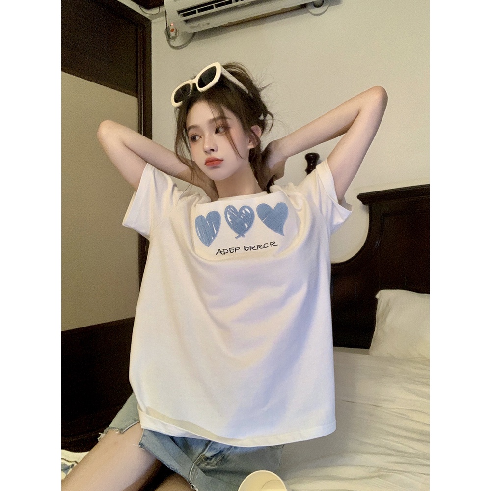 100% cotton baju kaos wanita lengan pendek korean style blue heart graffiti print t-shirt import kaos puith ootd