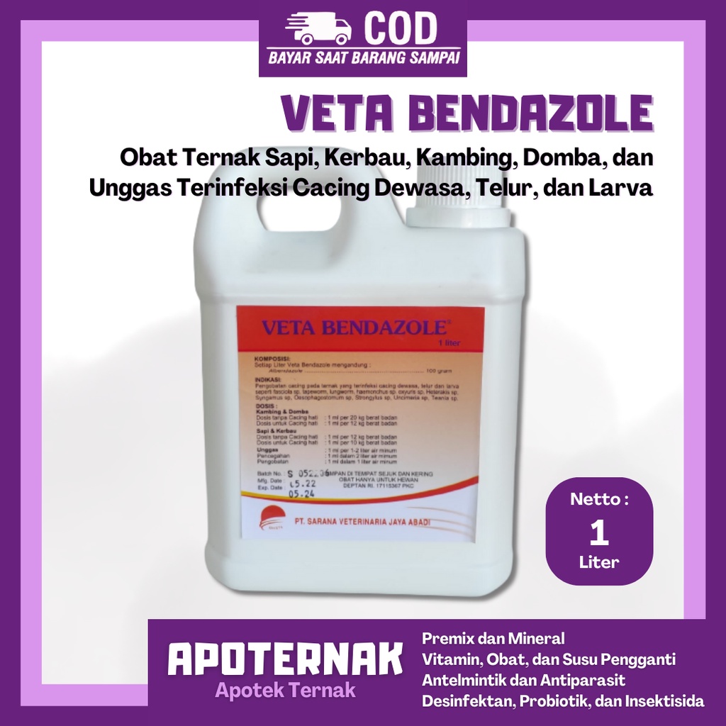 VETA BENDAZOLE @1 Liter | Obat Cacing Minum Ternak Untuk Sapi Kerbau Kambing Domba Babi dan Unggas |