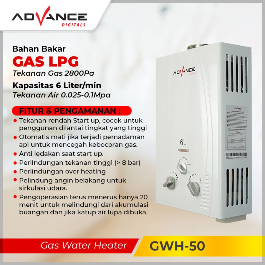 Advance Water Heater Gas 6 Liter GWH 50 (Tanpa LED Display)