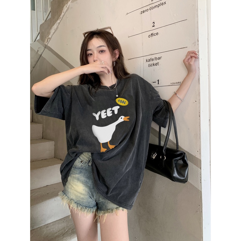 XIAOZHAINV Korean Style Cool Duck Pattern Washed Printing Kaos Wanita A0433