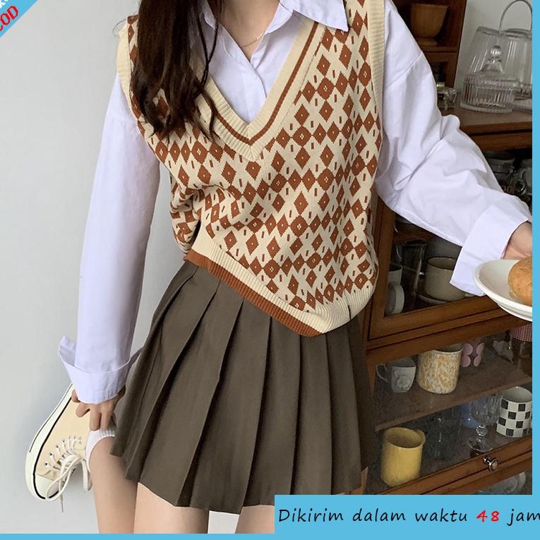 TERLARIS [Diskon Terbesar]Korea Tanpa lengan longgar v-neck Rompi kisi sweater rajutan rompi outer R