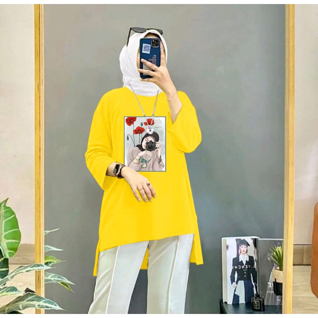 Baju Atasan Tunik Blouse Hijab Motif Camera Lengan Panjang Wanita