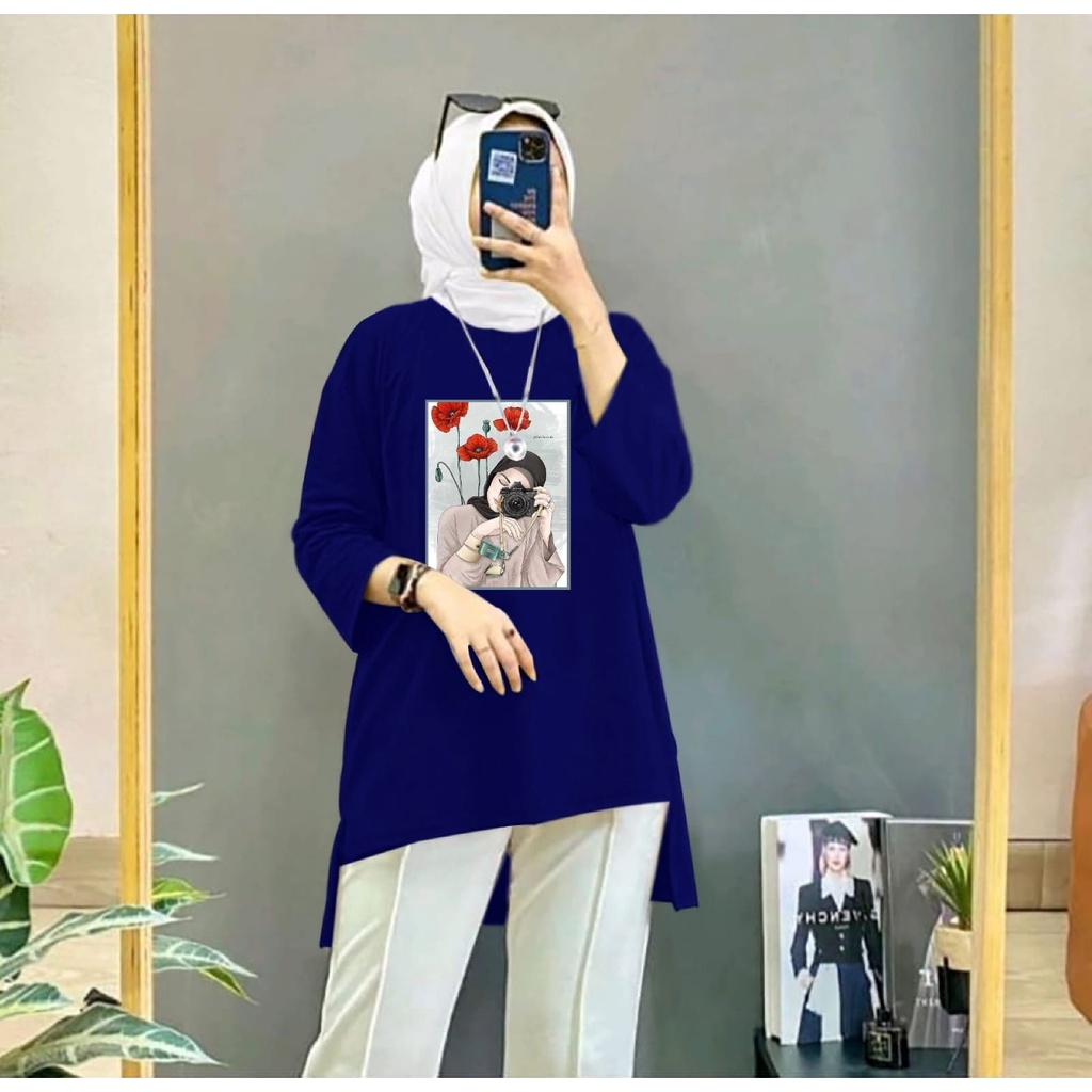 KIYOWO-Baju Atasan Kaos Tunik Blouse Hijab Motif Camera Lengan Panjang Wanita