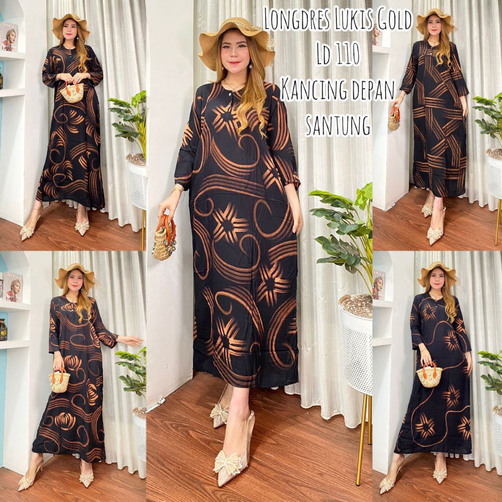 Daster Panjang Long Dress Busui Kancing Batik Pekalongan Homedress Klok Semata Kaki Lengan Panjang Dres Daily Harian Nyaman Rayon Santung Daster hitam hitaman coklat coklatan