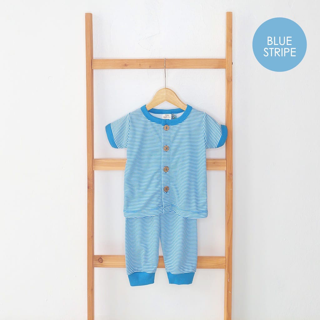 Ezy Button Set Combi Stripe Series Nova Baby Setelan Baju Pendek Celana Panjang Bayi Newborn Motif Garis Salur 0-24 Bulan