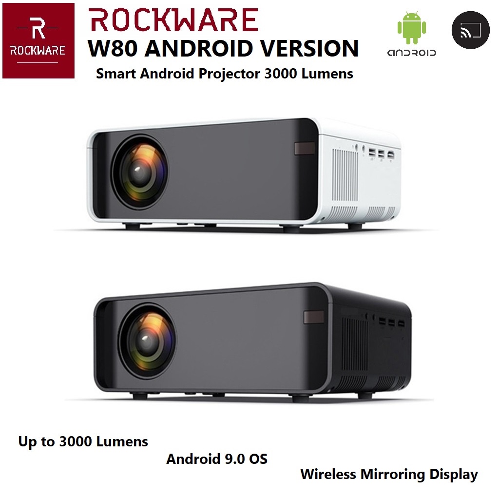 ROCKWARE W80 - Smart Android Projector 3000 Lumens - 1080P Support