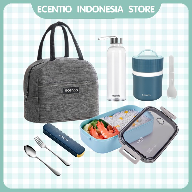 ecentio 800ml lunch box set kotak makan tempat bekal makan dengan botol lunch bag tas bekal sendok makan tempat makan bekal anti tumpah dan tahan panas BPA Free