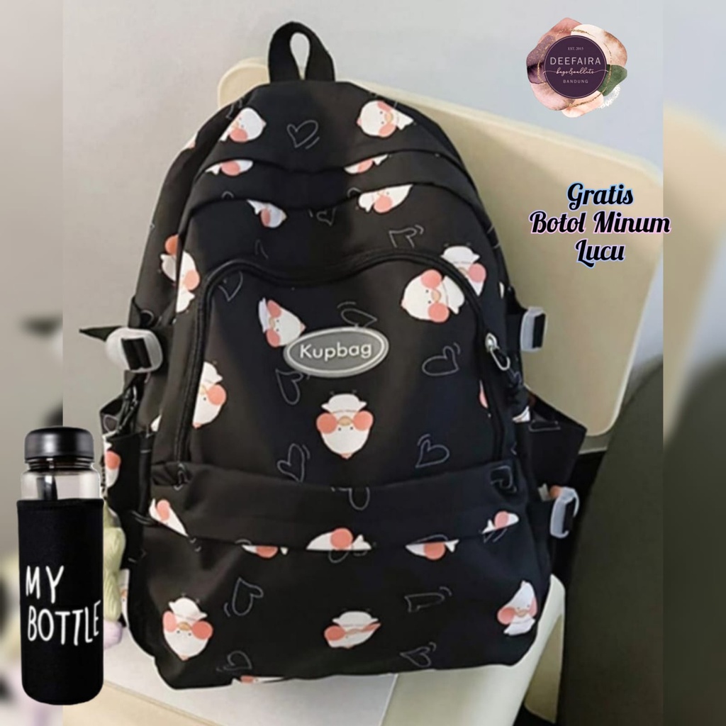 Tas Ransel Sekolah Anak Perempuan Sd Smp Sma Motif Duck Gratis Botol Minum Lucu