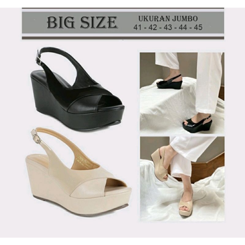 Sepatu Wedges Wanita KULIT JUMBO 40-41-42-43-44-45 Wedges Pesta Premium Megan-701Black Ukuran Besar Glamore, 44