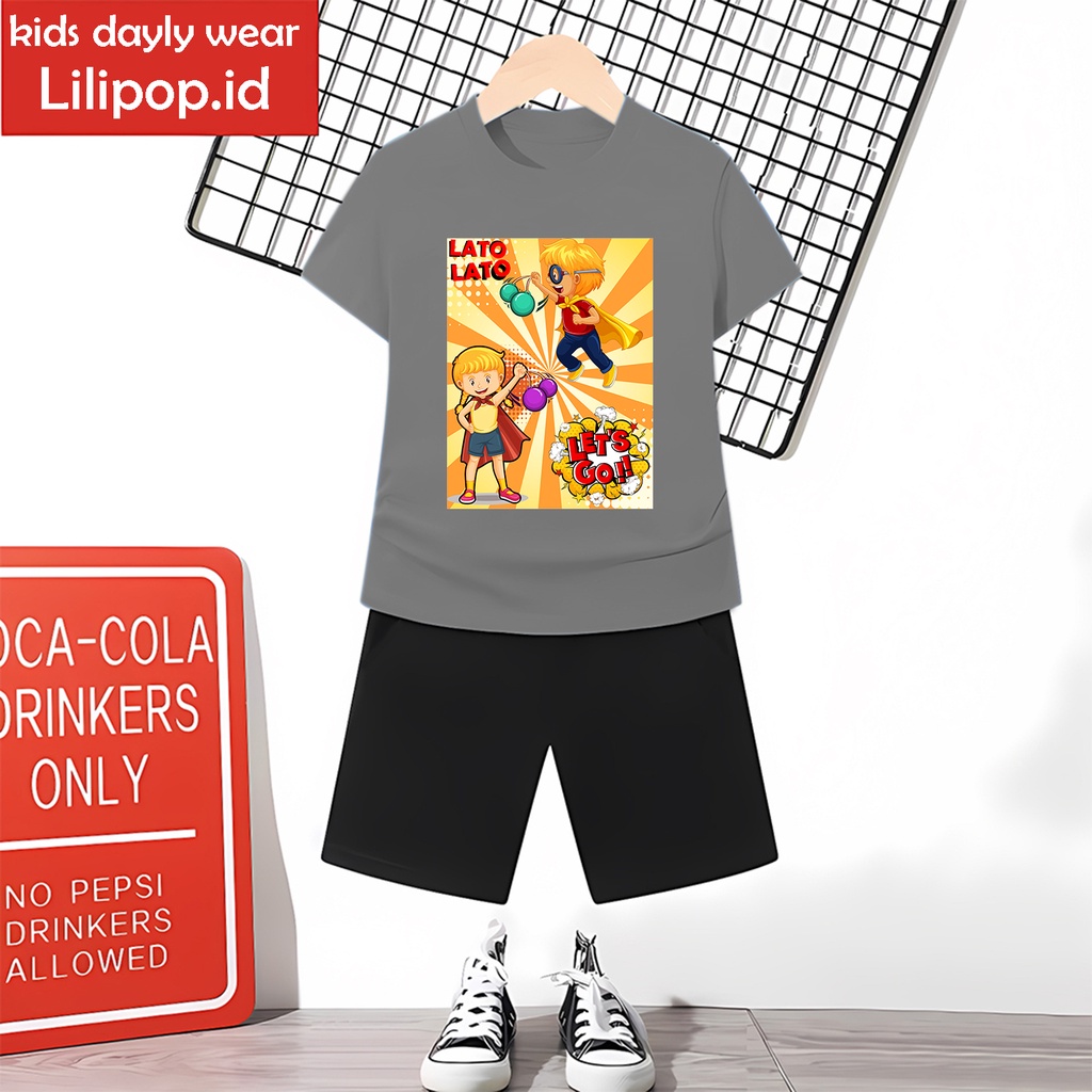 Baju Anak Stelan Kaos 3/4 Hero Lato Latto Cowok Cewek  Usia 1 - 4 Tahun Celana Pendek Harian