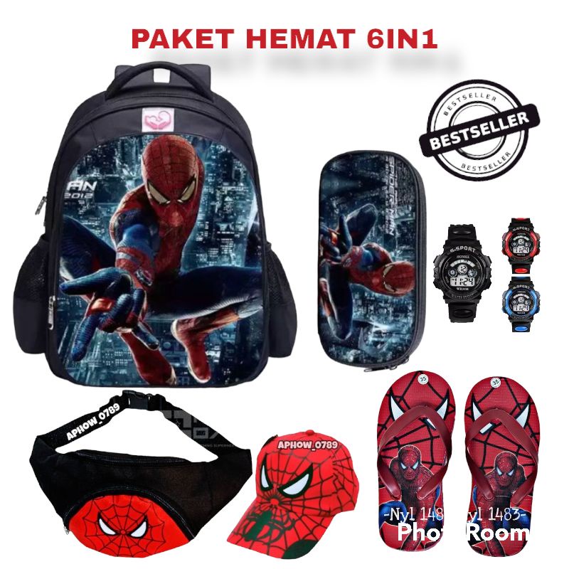 Tas ransel Paket 6IN1 Tas anak Laki-laki Sekolah TK SD Free Tempat Pensil Topi Bordir Tas Waistbag Jam Tangan Dan Sandal Spon