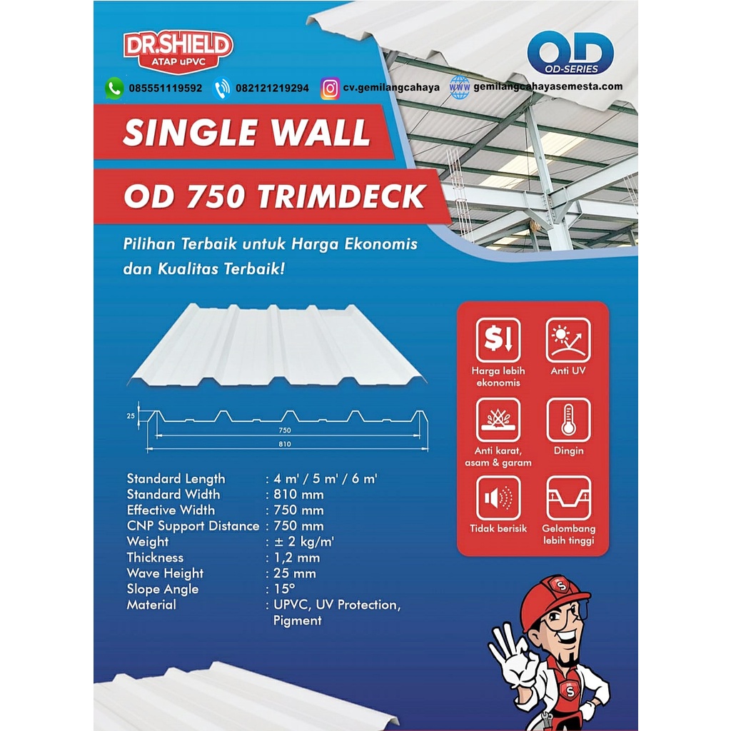 DR.Shield 0D 750 TRIMDECK - 6 Meter (Single Layer) - Atap UPVC