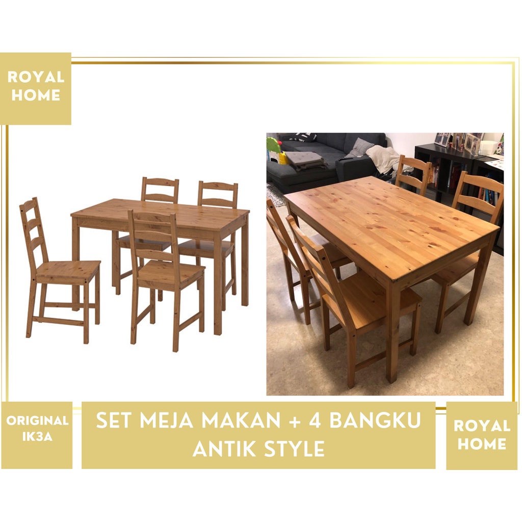 Set Meja Makan & 4 Kursi Kayu Kayu Pinus Antik Traditional Style JOKMOK Dining Table