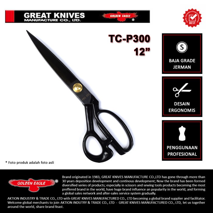 

Scissor Gunting Potong Bahan Kain Golden Eagle 12Inch Tc-P300 - Tailor Scissor