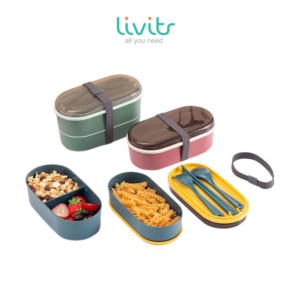 Lunch Box Set Tingkat Kotak Makan dengan Set Sendok Makan Lunch Box