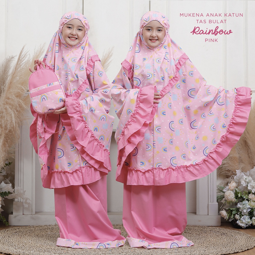 MUKENA BALI TASIK - MUKENA ANAK KATUN MOTIF RAINBOW PINK (TAS BULAT &amp; TAS SAJADAH)