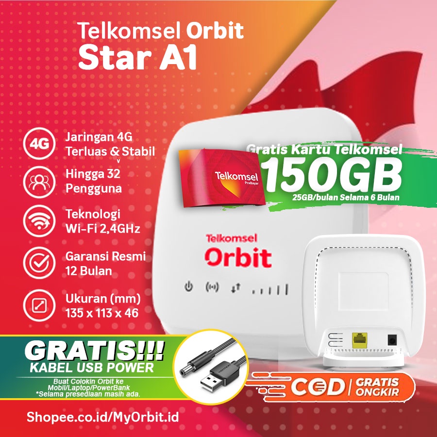 TELKOMSEL ORBIT STAR A1 GRATIS KUOTA 150GB & KABEL STEP UP MODEM ADVAN A10 GSM 4G - HOME ROUTER WIFI