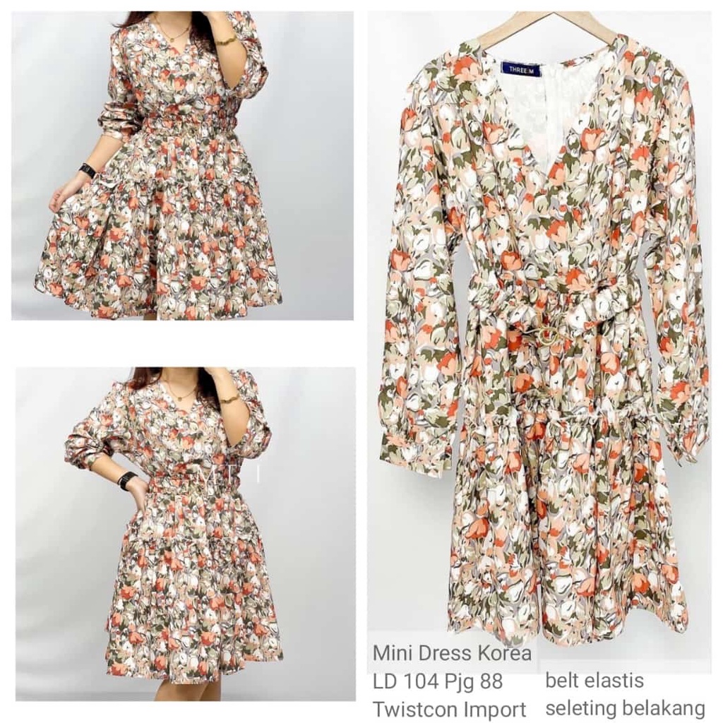 Dress V-Neck Premium Korea Lengan Panjang Motif Bunga