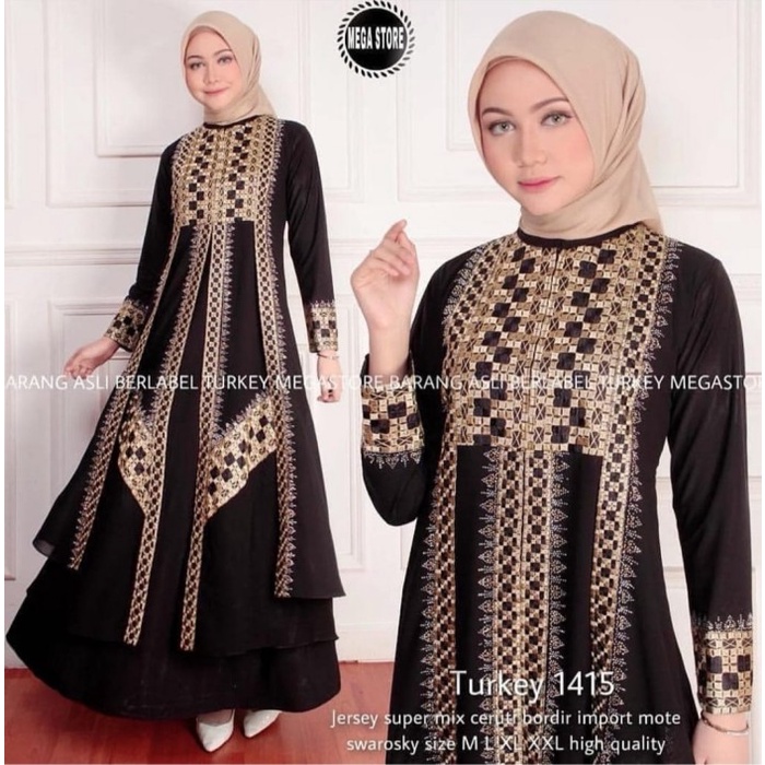 Gamis Gamis Abaya Turkey#1415 HITAM Jersy mix Ceruty Premium Terbaru 2021 - Hitam, M(J1J0) Gamis Tur