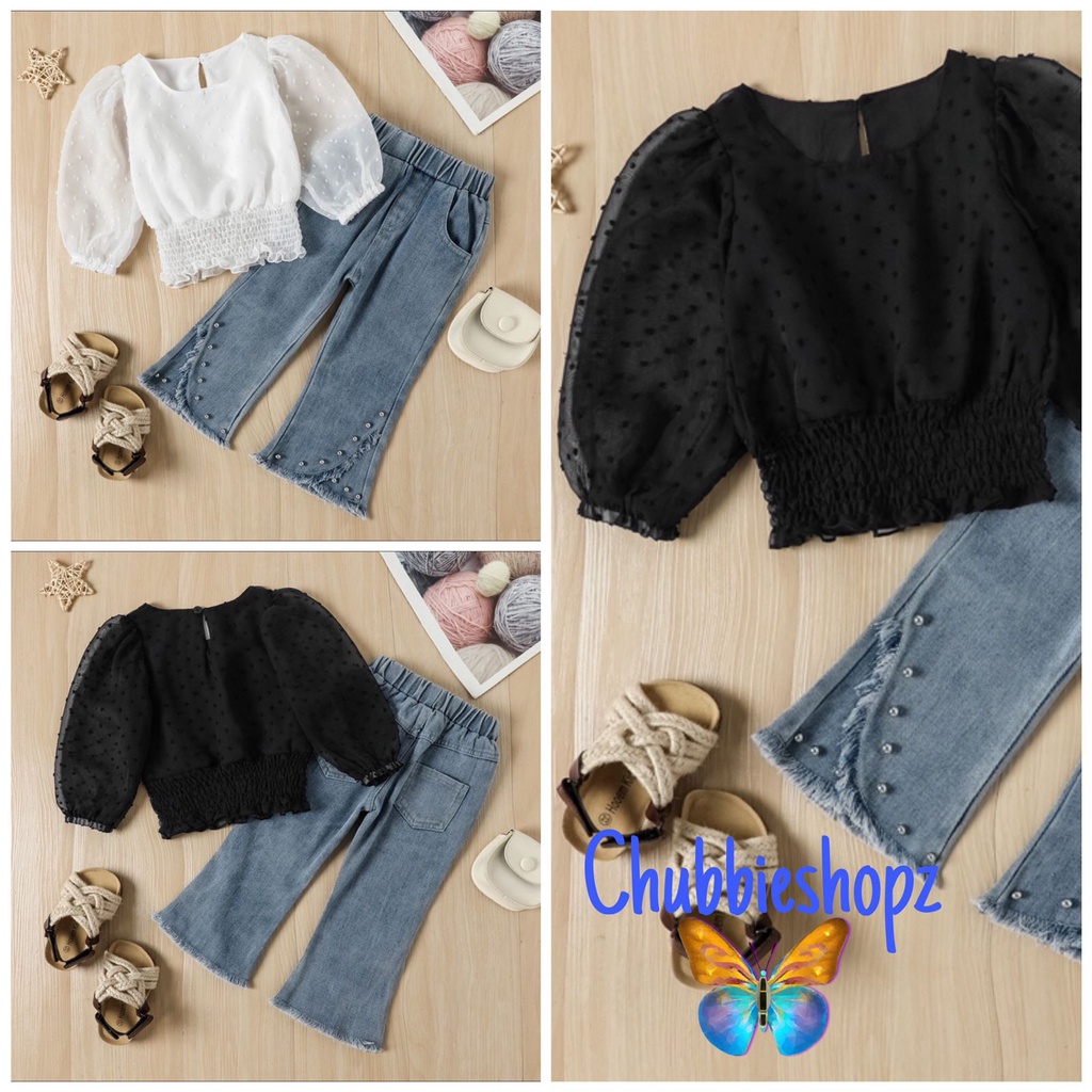 CHUBBI 84 Setelan Set Anak Perempuan Blouse Crop Top + Jeans Stud