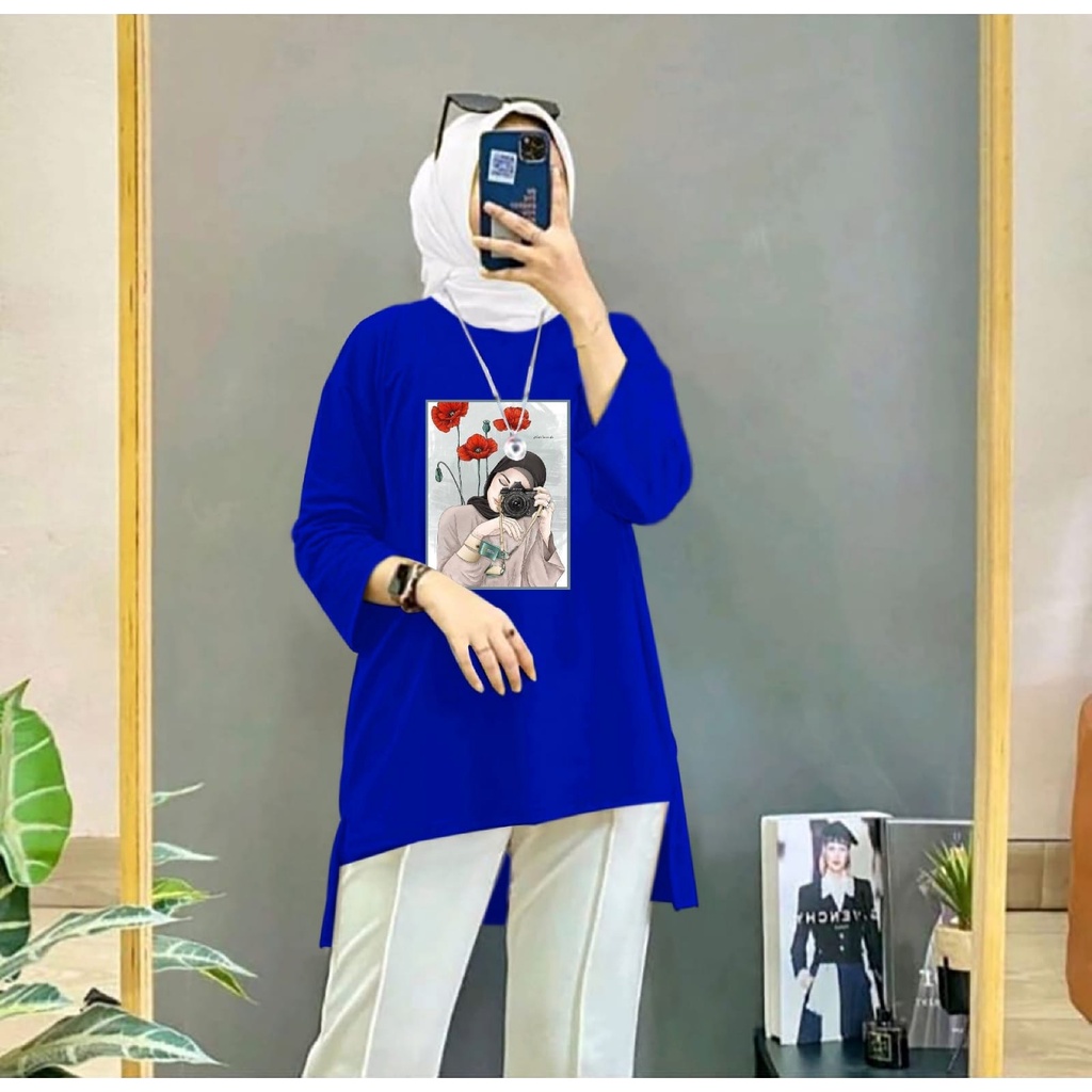 KIYOWO-Baju Atasan Kaos Tunik Blouse Hijab Motif Camera Lengan Panjang Wanita