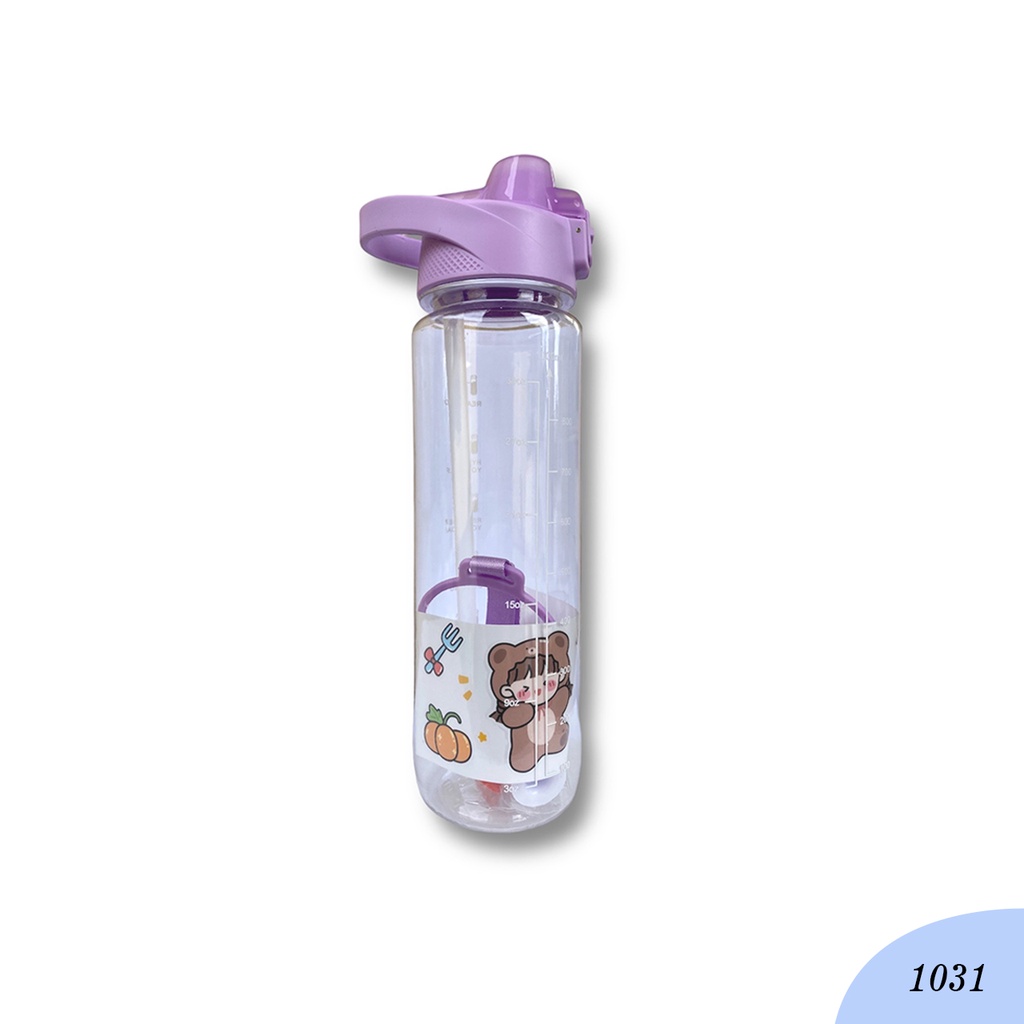 Botol Air Minum Polos Warna Clear 900ML Kode 1031 Free Sticker 2D &amp; 3D Botol Warna Clear Bening Botol Minum Viral Penanda Waktu Botol Minum Viral Botol Minum Sedotan