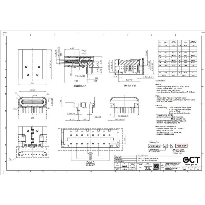 Socket USB Type C THT USB4085-GF-A ORIGINAL