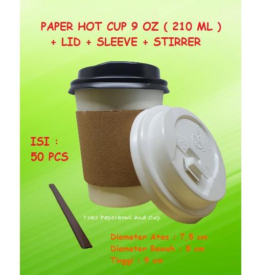 Lariz manis Paket Hot cup Gelas Kertas 9 oz 210 ml POLOS + Tutup + Stirer + Sleeve isi 50 pcs