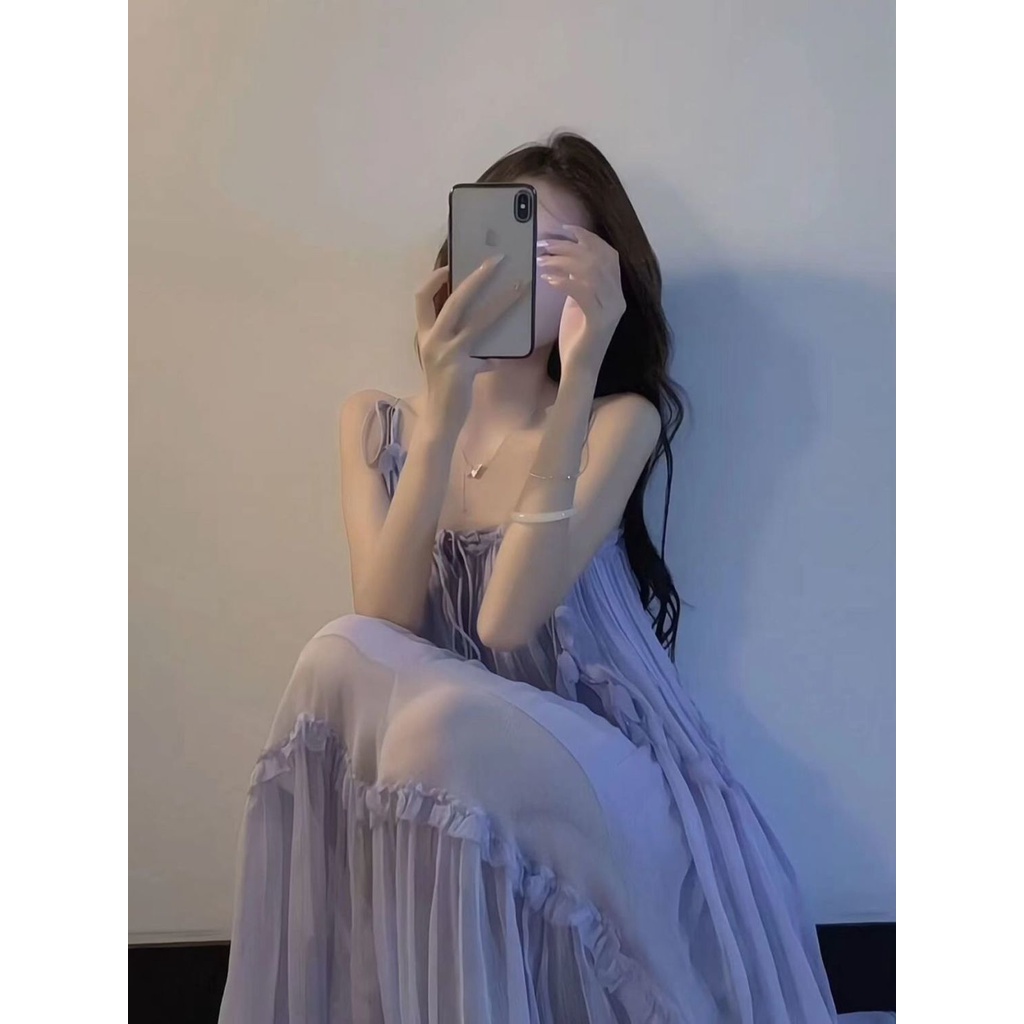 Gaun peri peri super lembut Prancis yang lembut, ceruk desain ceruk rasa resor tepi pantai, gaya gau