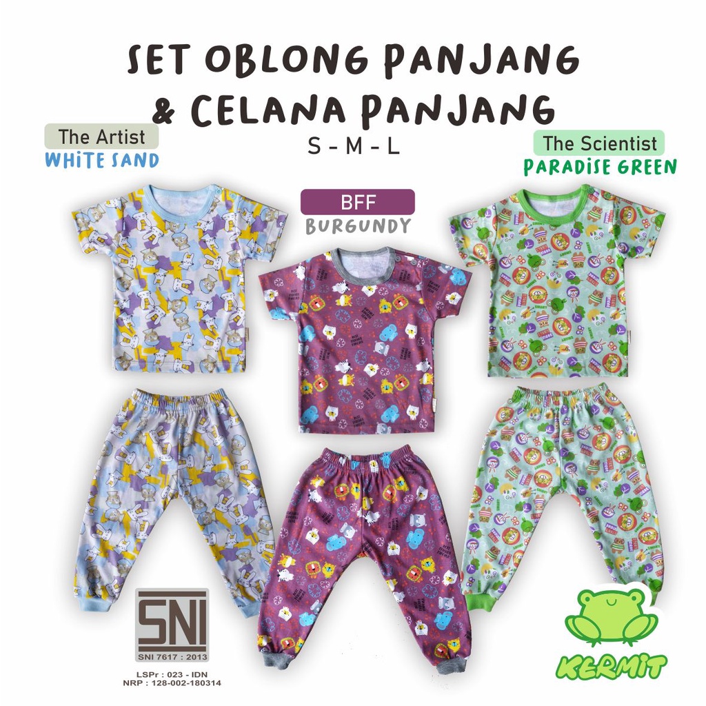Baby Kermit -  Baju Kaos Oblong Anak Bayi Laki Laki Perempuan Setelan Celana Panjang SNI Motif Mix L
