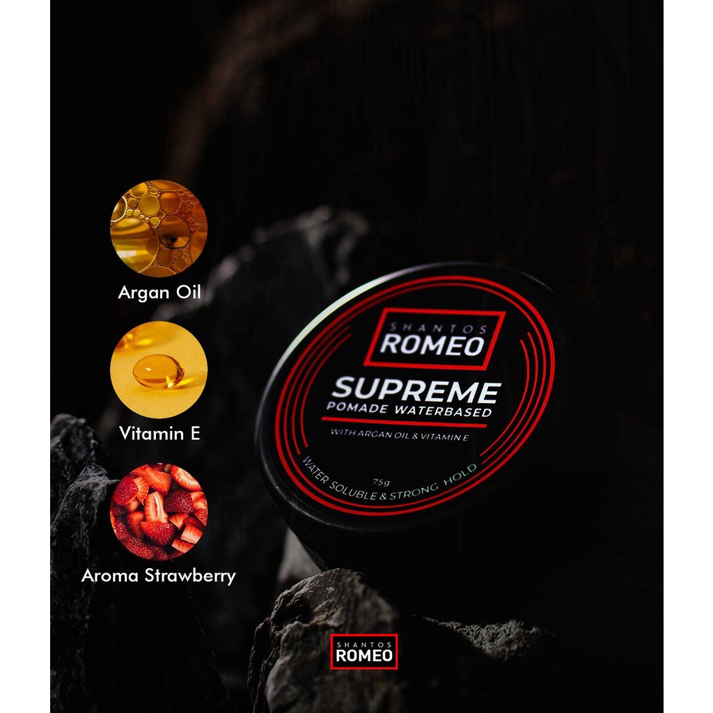 ORIGINAL Shantos Romeo Supreme Pomade 75gr Waterbased Oilbased with Argan Oil &amp; Vitamin E / Styling Rambut / Pomed Rambut / Gel Rambut