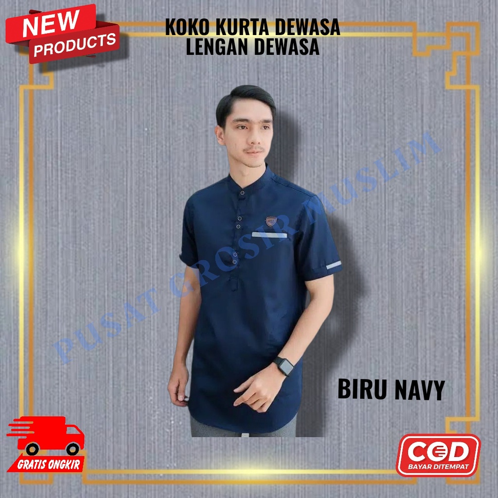 Baju Koko Kurta Pria Dewasa Koko Kurta Kain Katun Lengan Pendek Warna Biru Navy