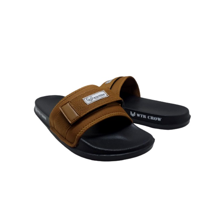 Sandal Slide Pria Slip On Simple Ringan Black Tan WTR Crow