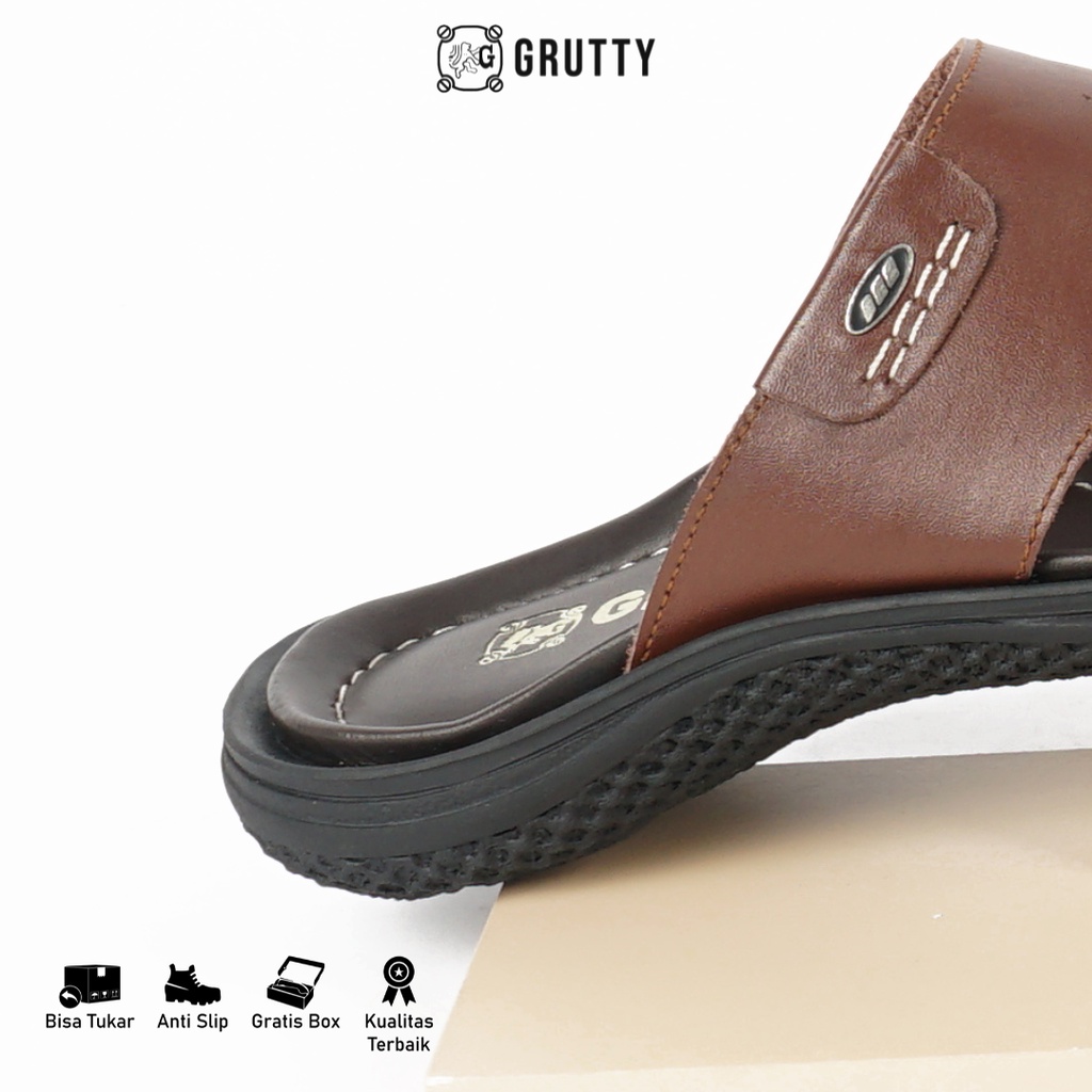 GRUTTY Sandal Pria Sendal Slide Kulit Asli Coklat 233