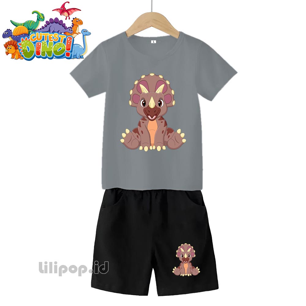 Baju Anak Stelan Kaos 3/4 Dinosaurus Triceratops Cowok Cewek  Usia 2 - 7 Tahun Celana Pendek Harian