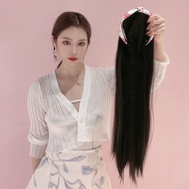 Wig Bando Cantik Wanita Simple Korean Version Long Straight Hair Wig Headband