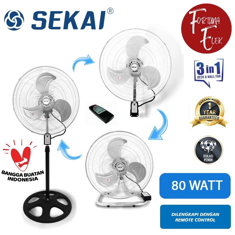 Sekai Industrial Fan Tornado 18 inch Kipas Angin Industri 3 in 1 + Remote HSN 1837 RI Stand / Wall / Floor Fan